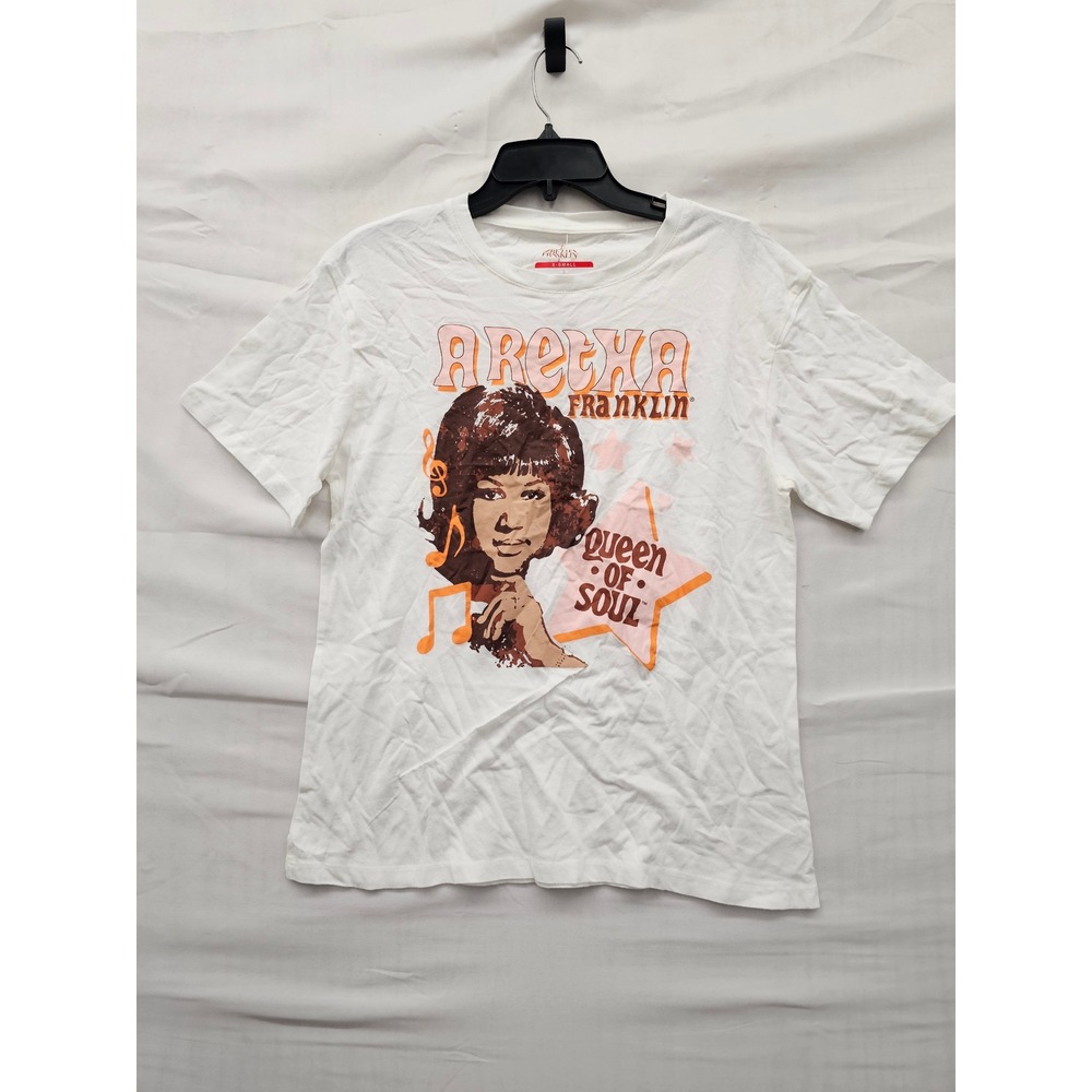 Aretha Franklin Womens Graphic Band Tee White Cotton Casual Size XS